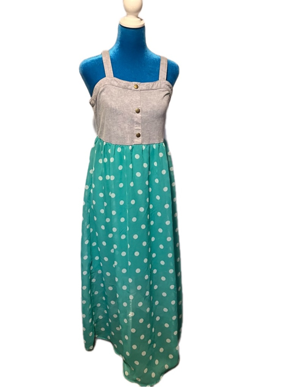 ✨ Teal Polka Dot Maxi ✨ Grey Button Up Bodice Boho Dress Girls 14/16